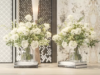 White Flowers in Clear Glass Vases On Stacked Books Against Decorative Screen and Patterned Wall 3d model
