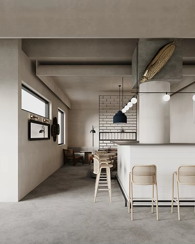 Modern Café Interior Design With Brick Wall Pendant Lights And Minimalist Furniture 3d model