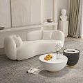 Modern White Curved Sofa Coffee Table Set With Plush Armchair Fruits And Plants