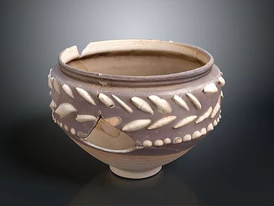Ceramic Pot Sculpture Carving With Leaf And Dot Patterns And Broken Artistic Details 3d model