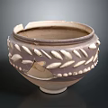 Ceramic Pot Sculpture Carving With Leaf And Dot Patterns And Broken Artistic Details