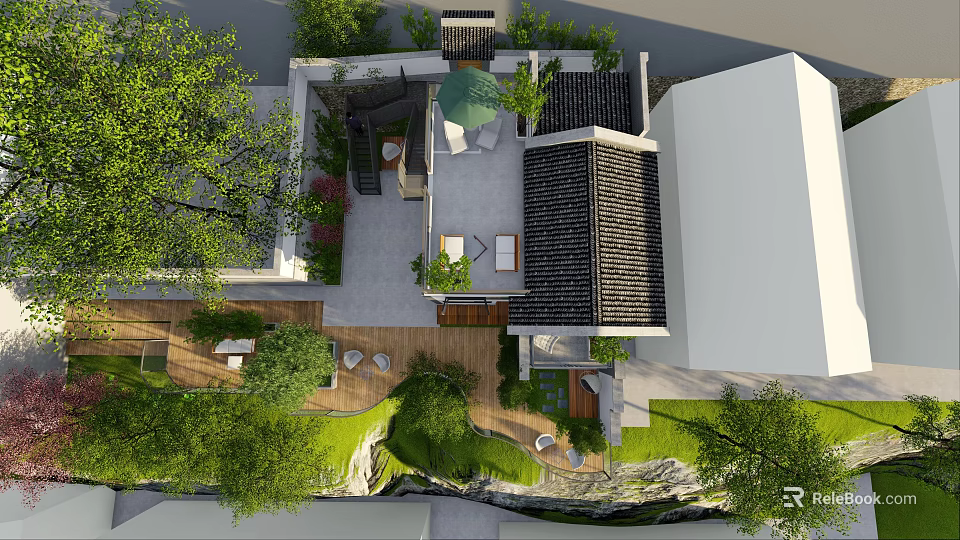 Detached Villa With Courtyard Greenery Outdoor Seating Traditional Roof And Terrace 3d model 