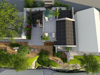 Detached Villa With Courtyard Greenery Outdoor Seating Traditional Roof And Terrace 3d model