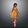 Girl Character With Brown Braid Glasses Yellow Lace Dress Barefoot On Gray Gradient Background