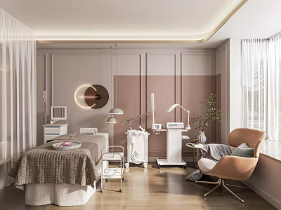 Modern SPA Sauna Interior Design With Massage Bed Appliances Relaxing Armchair Green Plants And Curtains 3d model