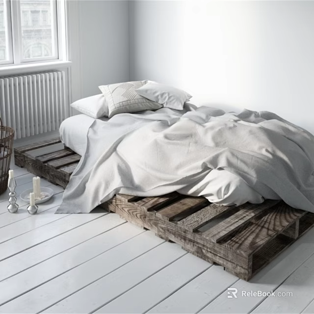 Wooden Pallet Bed with White Bed Sheets and White Candles on White Floor 3d model 