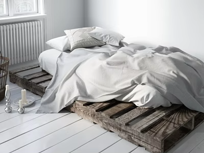 Wooden Pallet Bed with White Bed Sheets and White Candles on White Floor 3d model