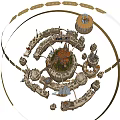 Cartoon Scene of Enchanted Castle with Spires Towers Hilltop Fountain Platform and Bridge