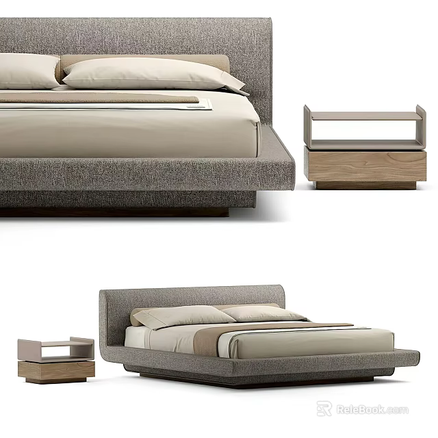 Modern Double Bed With Upholstered Headboard Wooden Nightstand And Neutral Bedding 3d model 