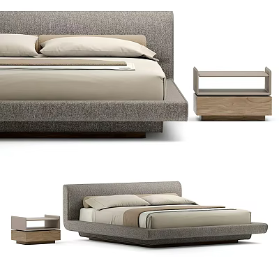 Modern Double Bed With Upholstered Headboard Wooden Nightstand And Neutral Bedding 3d model