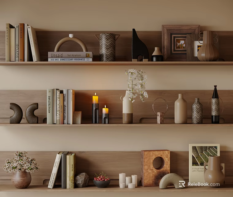 Decorative Ornaments Set On Wooden Shelves With Books Candle Holders Vases And Photo Frames 3d model 