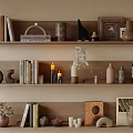 Decorative Ornaments Set On Wooden Shelves With Books Candle Holders Vases And Photo Frames