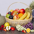 Assorted Fresh Fruits In Wicker Basket With Pineapple Apple Banana Cantaloupe Grapes And Strawberries