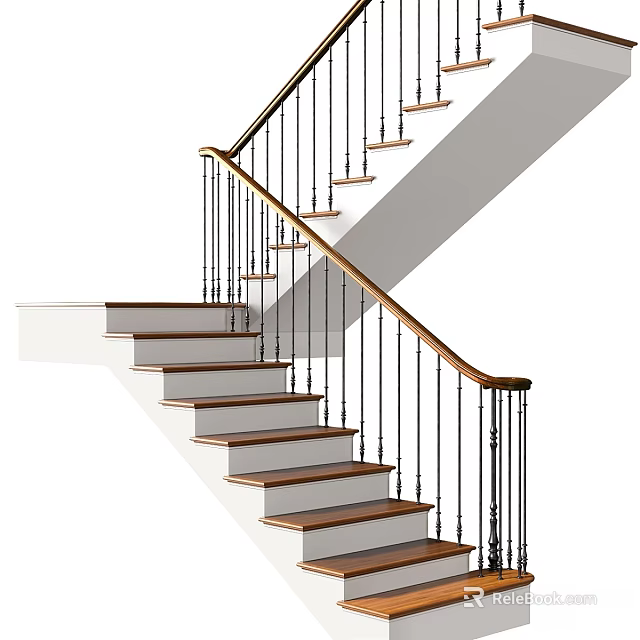 Sleek Modern Staircase Interior Design With Wooden Steps And Metal Railings 3d model 