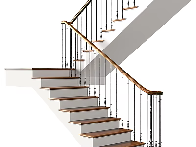 Sleek Modern Staircase Interior Design With Wooden Steps And Metal Railings 3d model