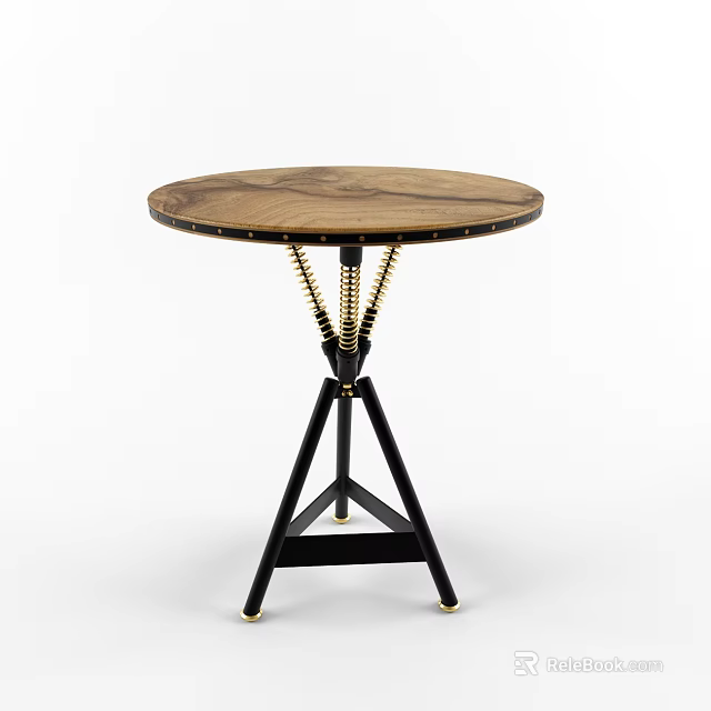 Stylish Round Side Table With Wooden Top Black Tripod Legs Gold Accents And Rivet Details 3d model 