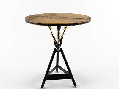 Stylish Round Side Table With Wooden Top Black Tripod Legs Gold Accents And Rivet Details 3d model