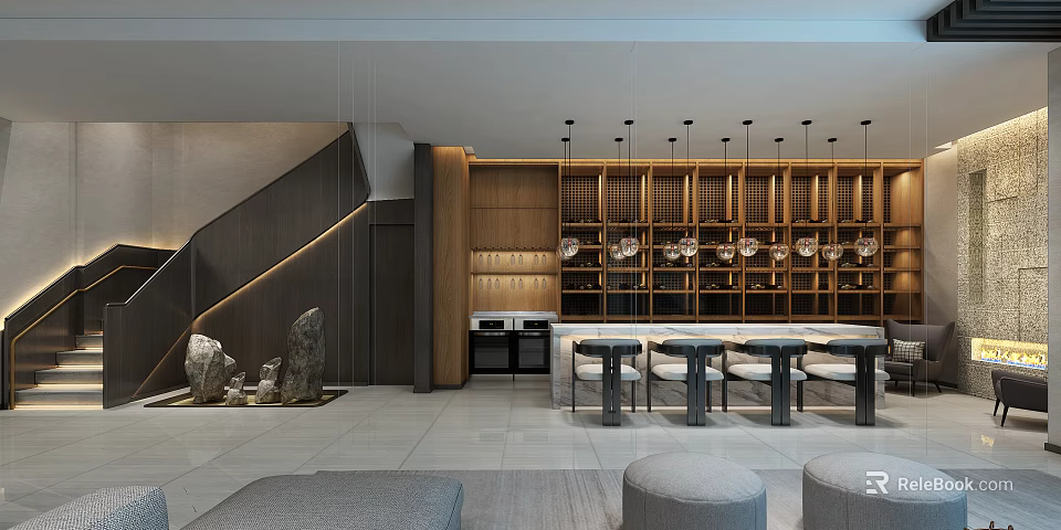 Modern Bar Area Interior Design With Wine Racks Pendant Lights And Bar Stools 3d model 