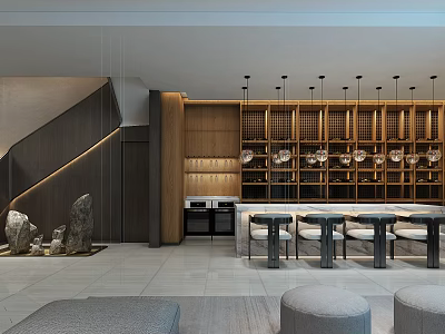 Modern Bar Area Interior Design With Wine Racks Pendant Lights And Bar Stools 3d model