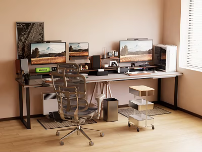 Modern Office Desk Workspace With Dual Monitors Ergonomic Chair And Office Supplies 3d model