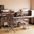 Modern Office Desk Workspace With Dual Monitors Ergonomic Chair And Office Supplies