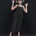 Woman With Blue Hair And Straw Hat Wearing Black Ruffled Camisole And Pants Raising Hands