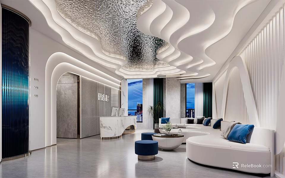 Modern Store Front Desk Design With Curved Ceiling Marble Counter And Sofa Seating Area 3d model 