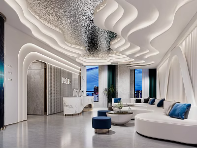Modern Store Front Desk Design With Curved Ceiling Marble Counter And Sofa Seating Area 3d model