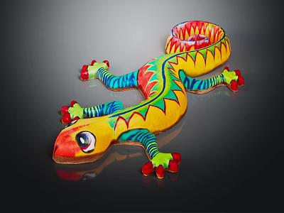 Colorful Lizard Shaped Plush Furniture Pillow With Vibrant Patterns And Red Toes 3d model