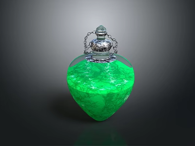 Heart Shaped Transparent Container With Green Liquid And Silver Chain Lid 3d model