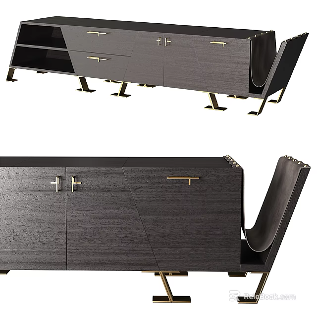 Modern Black Wooden TV Stand With Gold Metal Legs And Storage Cabinets Design 3d model 