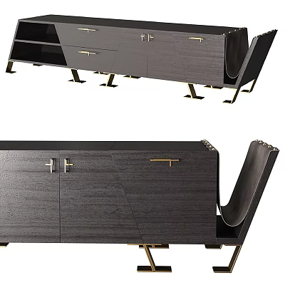Modern Black Wooden TV Stand With Gold Metal Legs And Storage Cabinets Design 3d model