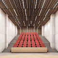 Modern Conference Room Interior Design With Red Seats Large Screen And Wooden Ceiling