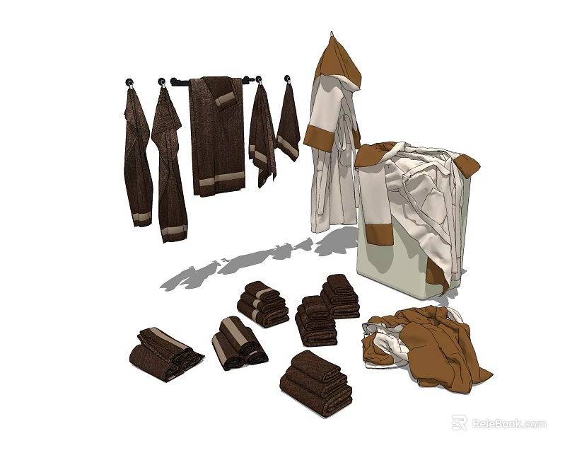 Brown And White Towels Hanging On Rack With Folded Stacks 3d model