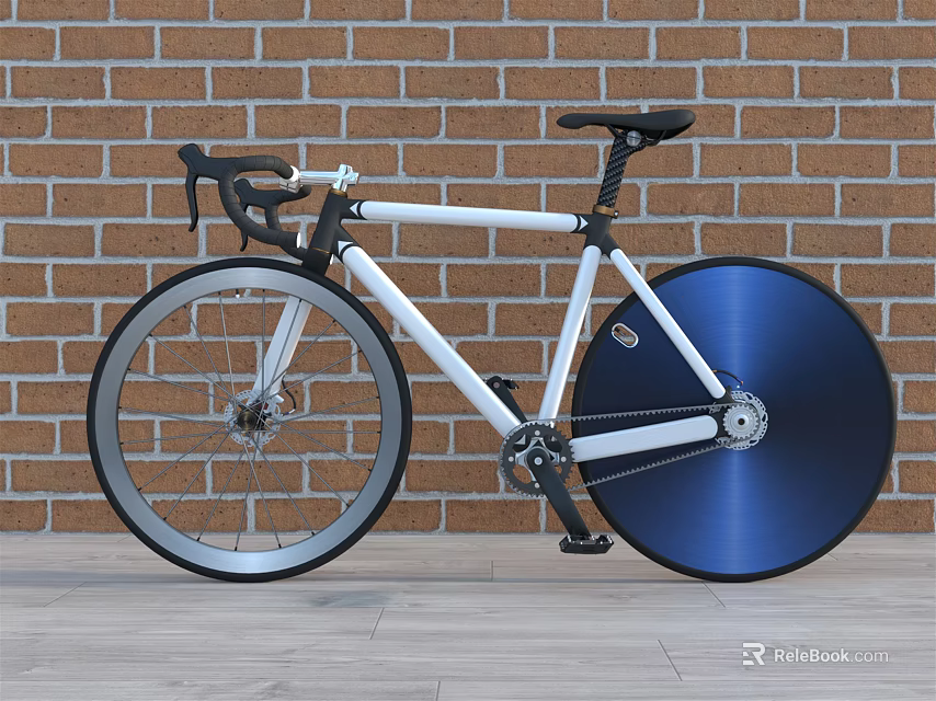 Stylish White Frame Bicycle With Blue Wheel Against Brick Wall And Wooden Floor 3d model 