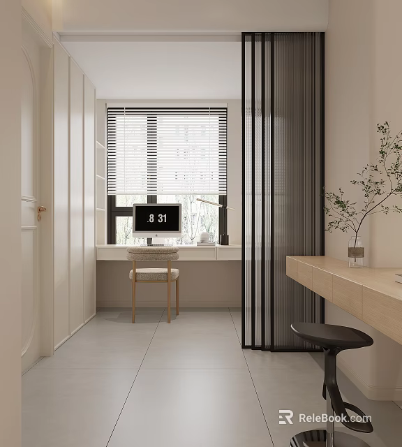 Minimalist Study Room Interior With Desk Chair Blinds And Clock 3d model