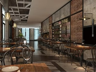 Cozy Restaurant Interior With Brick Walls Wooden Tables Metal Chairs Pendant Lights And Menu Board 3d model