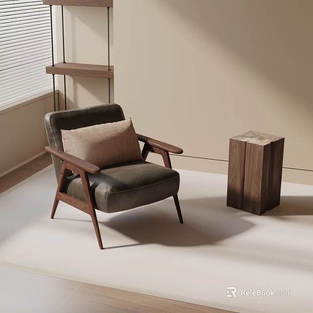 Modern Minimalist Accent Chair With Dark Gray Upholstery Wooden Frame Throw Pillow And Side Table 3d model 
