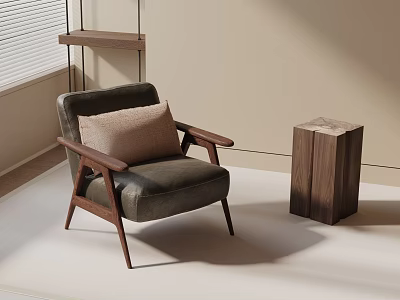 Modern Minimalist Accent Chair With Dark Gray Upholstery Wooden Frame Throw Pillow And Side Table 3d model