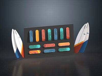 Colorful Surfboards With Striped Design And Vibrant Accessories For Sports Equipment 3d model