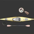 Outdoor Yellow Kayak Setup With Wooden Barrel Small Red Flag Cup And Two Paddles