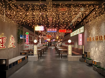 Chongqing Style Hotpot Restaurant With Festive String Lights Neon Signs And Long Tables 3d model