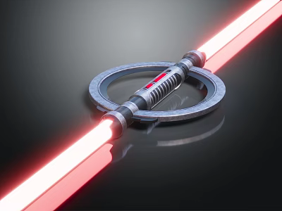 Red Lightsaber Weapon With Silver Circular Hilt Guard On Black Background 3d model