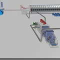 Industrial Factory Interior With Red Pipes Gray Containers Blue Machinery and Green Spheres