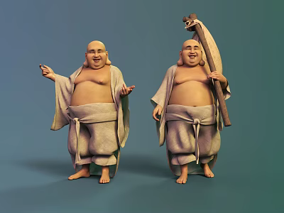 Two Buddha Like Game And Movie Characters In Traditional Robes Holding Fan And Gesturing 3d model