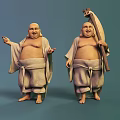 Two Buddha Like Game And Movie Characters In Traditional Robes Holding Fan And Gesturing