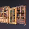 Vintage Wooden Bookcase Collection With Open Shelves And Glass Doors Filled With Books