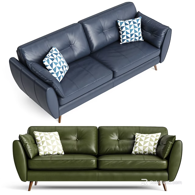 Navy Blue and Green Two Seater Leather Sofa with Geometric Pattern Pillows 3d model
