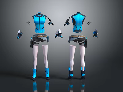 Futuristic Blue Bodysuit Costume With White Pants Boots And Gloves 3d model