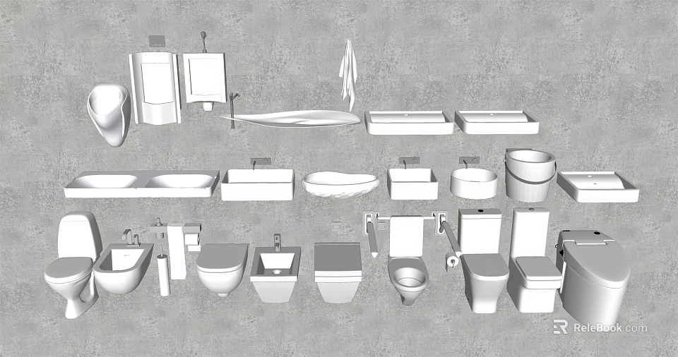 Various Toilet and Bathroom Fixtures Including Sinks Mirrors and Towel Racks 3d model 